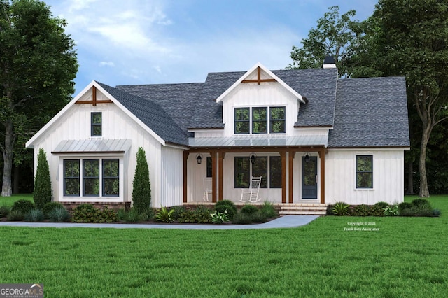 104 Bob White Dr, Calhoun, GA 30701 - modern farmhouse featuring a standing seam roof, a shingled roof, and a front lawn