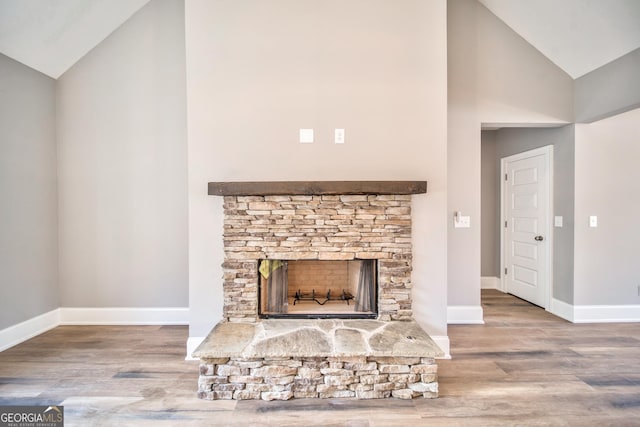 details featuring wood finished floors, a fireplace, and baseboards