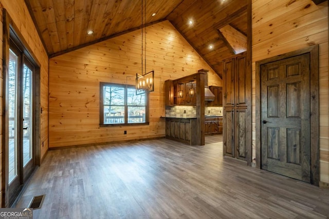 kitchen featuring wooden ceiling, visible vents, a chandelier, and wood finished floors