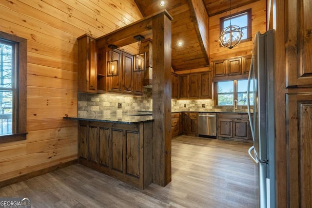 kitchen featuring decorative backsplash, appliances with stainless steel finishes, wood finished floors, wood walls, and a sink