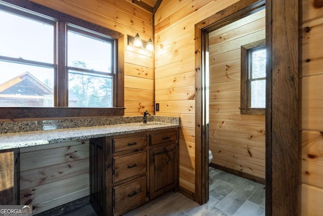 bathroom with a wealth of natural light, toilet, and wooden walls