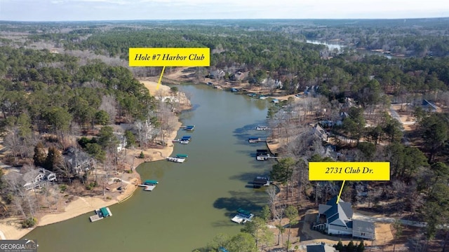 aerial view featuring a water view and a forest view