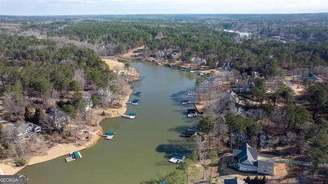 aerial view featuring a forest view and a water view