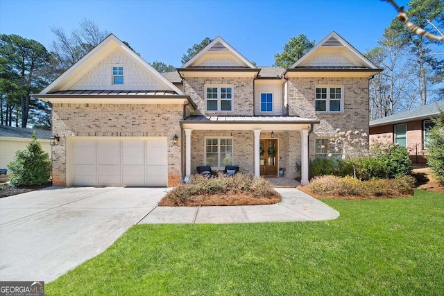 craftsman-style home featuring brick siding, concrete driveway, an attached garage, a standing seam roof, and a front lawn