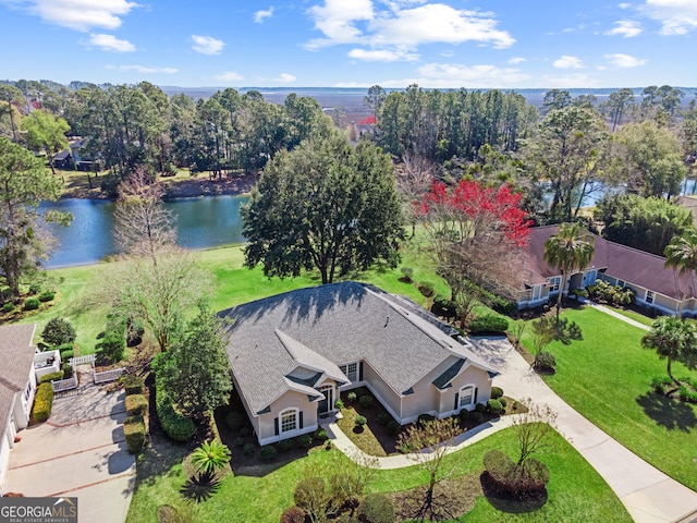 drone / aerial view with a water view