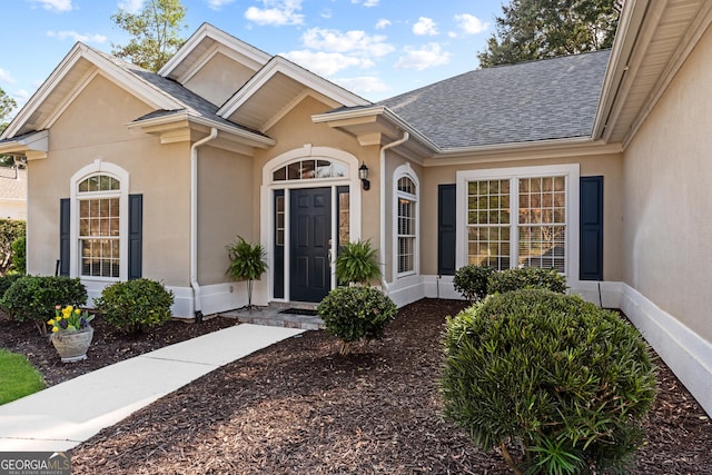 doorway to property featuring a shingled roof and stucco siding