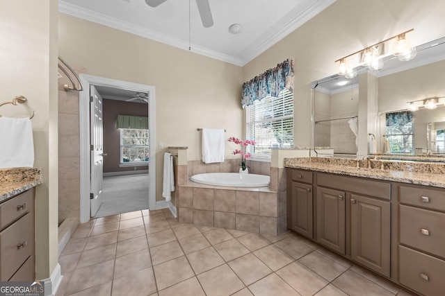 bathroom with crown molding, a tile shower, vanity, tile patterned flooring, and a bath