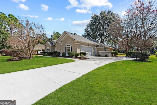 view of front of house with a garage, driveway, a front lawn, and stucco siding