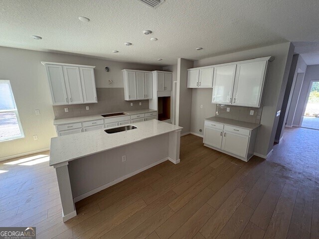 kitchen with white cabinetry, dark wood finished floors, tasteful backsplash, and an island with sink