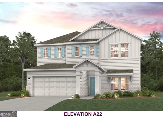 view of front facade with brick siding, a yard, an attached garage, board and batten siding, and driveway