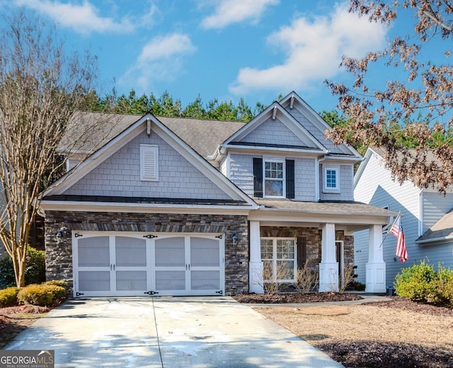 craftsman-style house with an attached garage, driveway, a porch, and stone siding