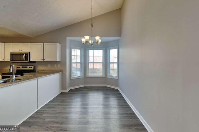 kitchen with lofted ceiling, white cabinetry, baseboards, appliances with stainless steel finishes, and dark wood-style floors