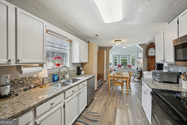 kitchen with a sink, white cabinetry, light wood-style floors, appliances with stainless steel finishes, and backsplash