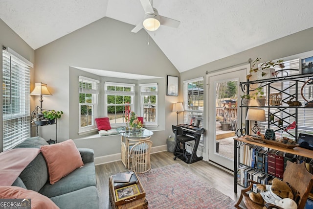 interior space featuring vaulted ceiling, plenty of natural light, and a ceiling fan