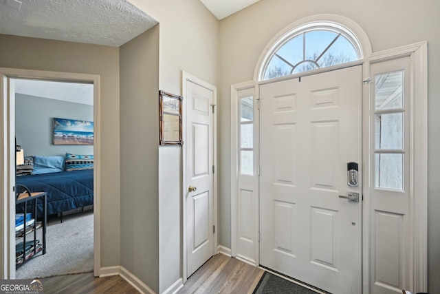 foyer with a textured ceiling, baseboards, and wood finished floors