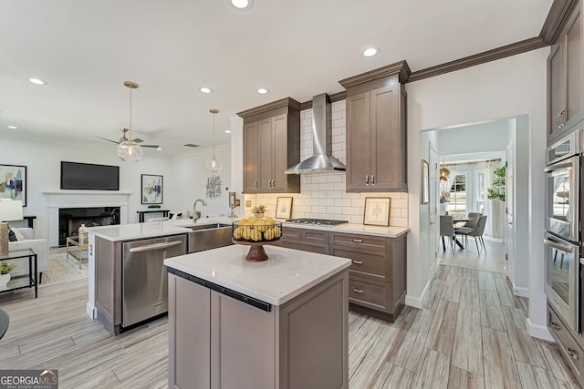 kitchen with a peninsula, stainless steel appliances, a sink, wall chimney exhaust hood, and tasteful backsplash