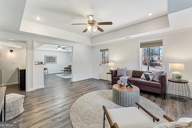 living area with a tray ceiling, wood finished floors, and baseboards