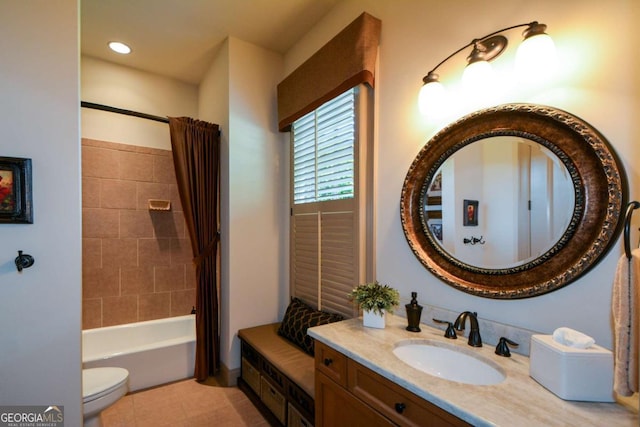 bathroom featuring toilet, recessed lighting, tile patterned floors, vanity, and shower / tub combo with curtain