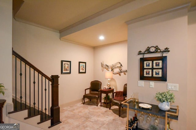 living area with stairs, baseboards, crown molding, and recessed lighting