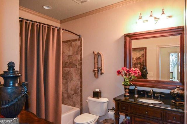 bathroom with shower / bath combination with curtain, crown molding, vanity, and toilet