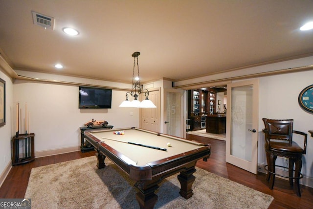 playroom with recessed lighting, pool table, dark wood-style flooring, visible vents, and baseboards