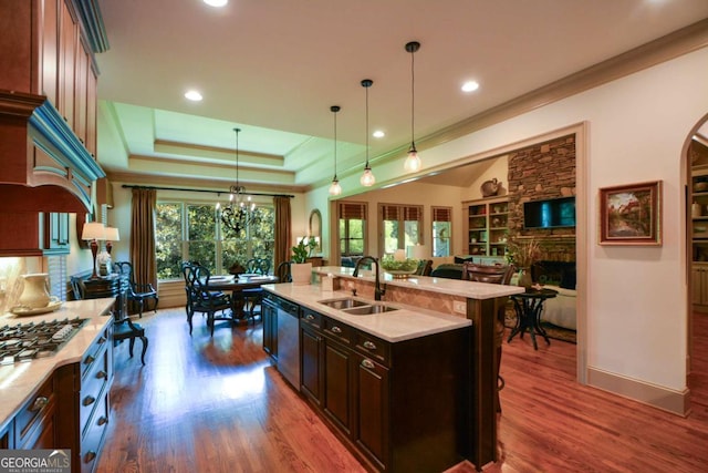 kitchen featuring wood finished floors, a sink, hanging light fixtures, stainless steel dishwasher, and a raised ceiling