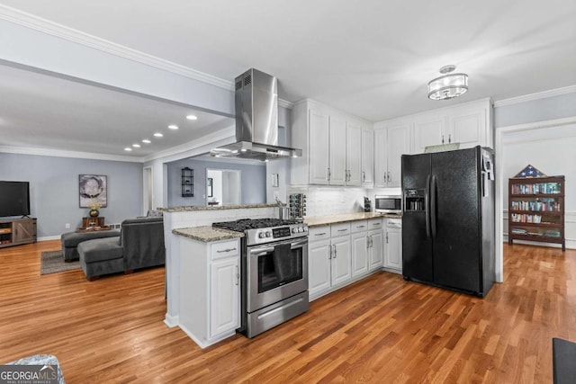 kitchen with a peninsula, exhaust hood, light wood-style floors, appliances with stainless steel finishes, and crown molding