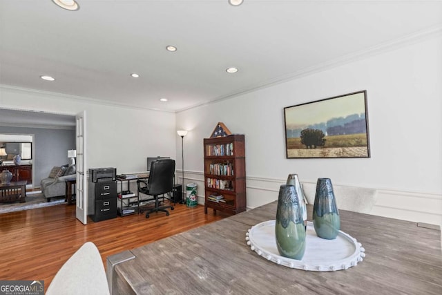 office with recessed lighting, crown molding, and wood finished floors