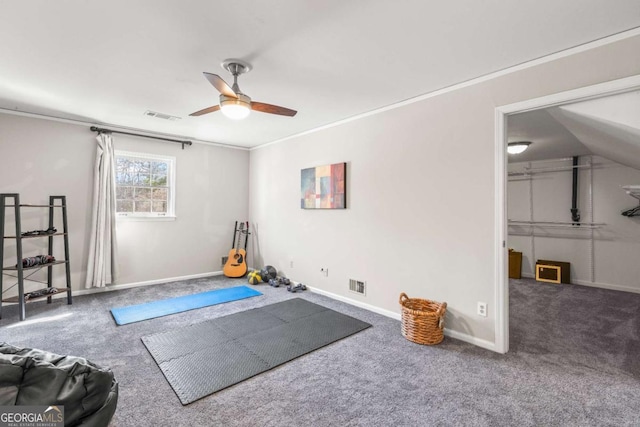 exercise area with carpet, visible vents, and crown molding