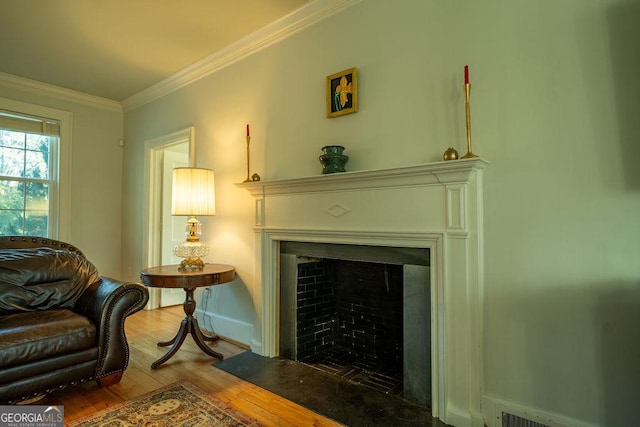 living area featuring crown molding, a fireplace, baseboard heating, wood finished floors, and baseboards