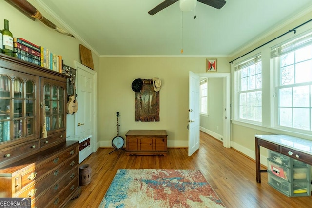 living area featuring ceiling fan, ornamental molding, wood finished floors, and baseboards