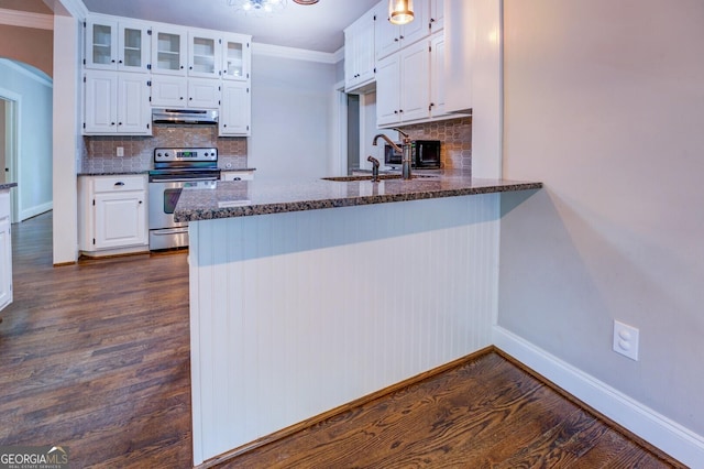 kitchen featuring under cabinet range hood, a peninsula, a sink, white cabinets, and stainless steel range with electric cooktop