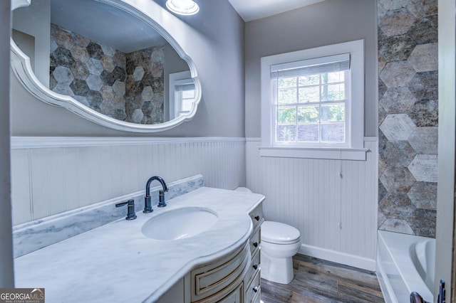 bathroom featuring a wainscoted wall, vanity, wood finished floors, and toilet