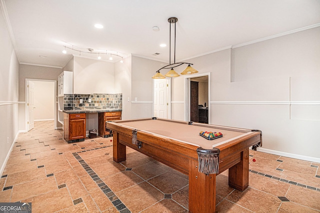 recreation room with pool table, ornamental molding, recessed lighting, and baseboards