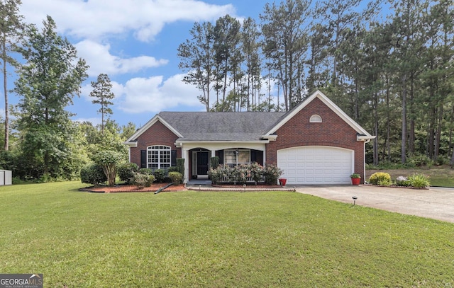 ranch-style home with brick siding, an attached garage, driveway, and a front lawn