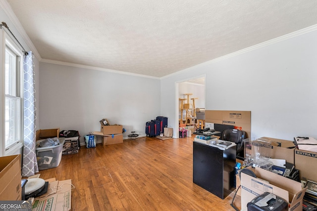 office space featuring a healthy amount of sunlight, a textured ceiling, ornamental molding, and wood finished floors