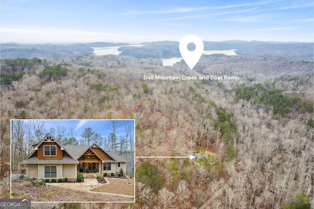 drone / aerial view featuring a mountain view and a wooded view