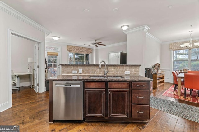 kitchen with dark wood finished floors, backsplash, a sink, dark brown cabinets, and dishwasher