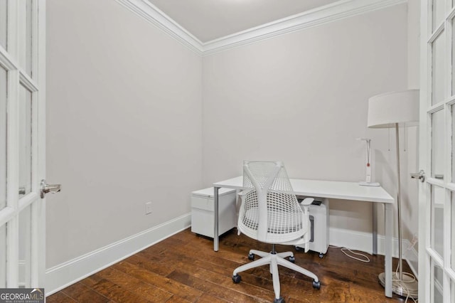 office area featuring crown molding, baseboards, and hardwood / wood-style flooring