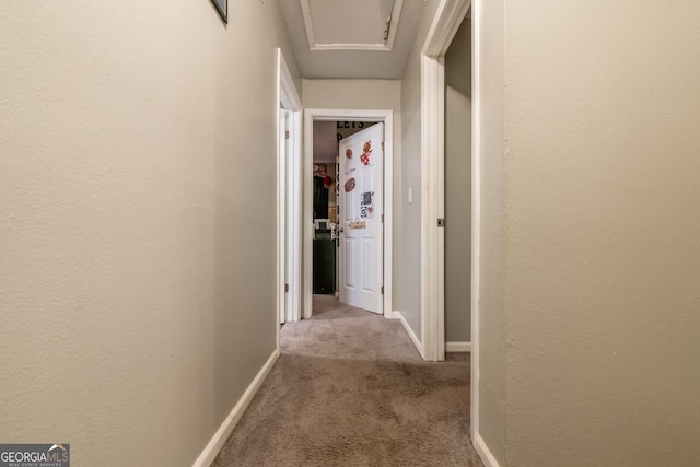 corridor featuring carpet flooring, a textured wall, and baseboards