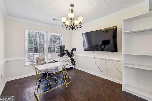 office space featuring crown molding, a textured ceiling, an inviting chandelier, and wood finished floors