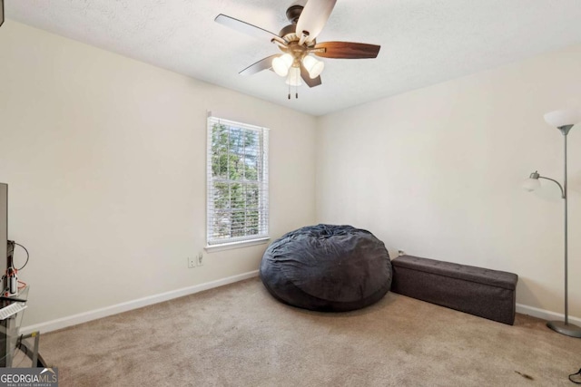 miscellaneous room with ceiling fan, a textured ceiling, baseboards, and carpet flooring