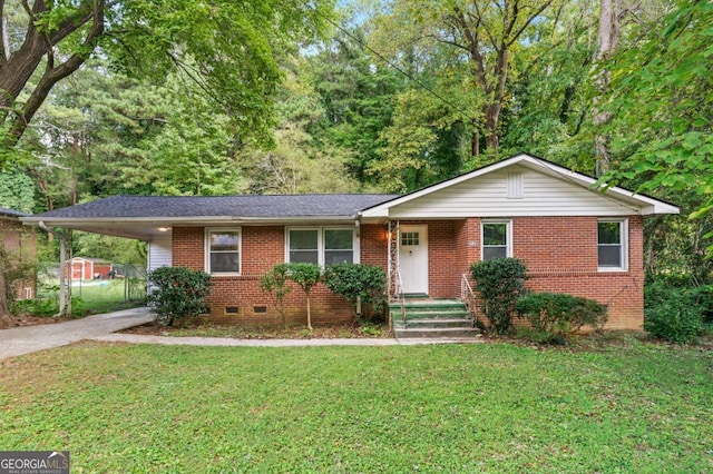 single story home with crawl space, brick siding, a carport, and concrete driveway