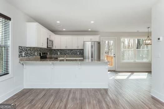 kitchen featuring a peninsula, light wood-style floors, stainless steel appliances, and a wealth of natural light