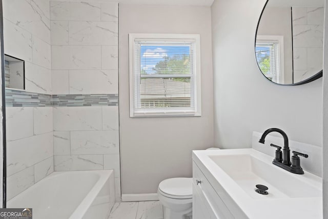 full bathroom with shower / tub combination, vanity, toilet, marble finish floor, and baseboards