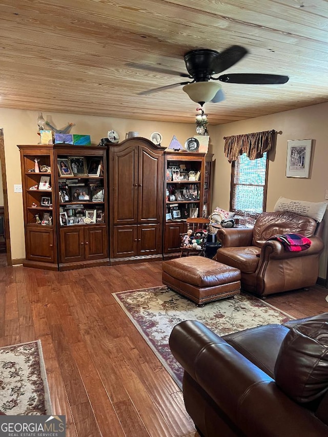 219 Loblolly Dr, Swainsboro, GA 30401 - living room featuring hardwood / wood-style floors, wooden ceiling, and a ceiling fan