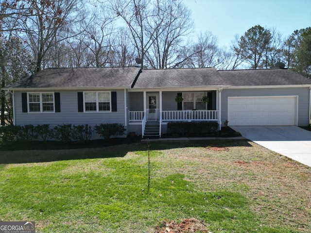 ranch-style house featuring a garage, driveway, a shingled roof, covered porch, and a front yard