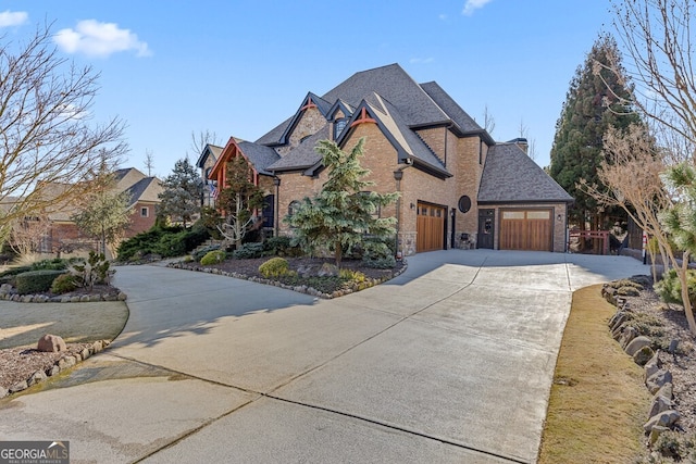 view of front of home featuring driveway, a shingled roof, stone siding, an attached garage, and brick siding