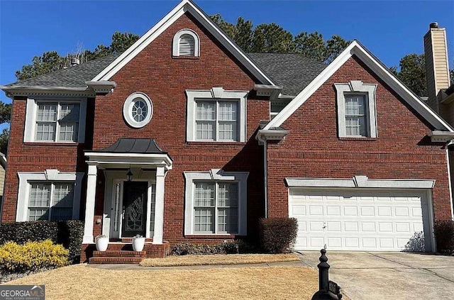 traditional home with concrete driveway, brick siding, and an attached garage