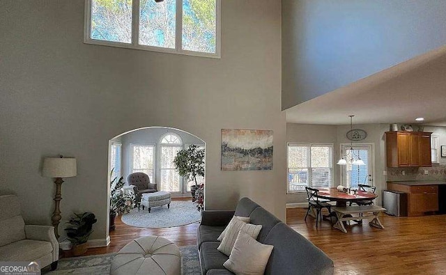 living area featuring baseboards, wood finished floors, and a notable chandelier